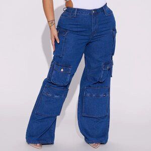 Lily High Rise Cargo Jeans - Medium Blue Wash